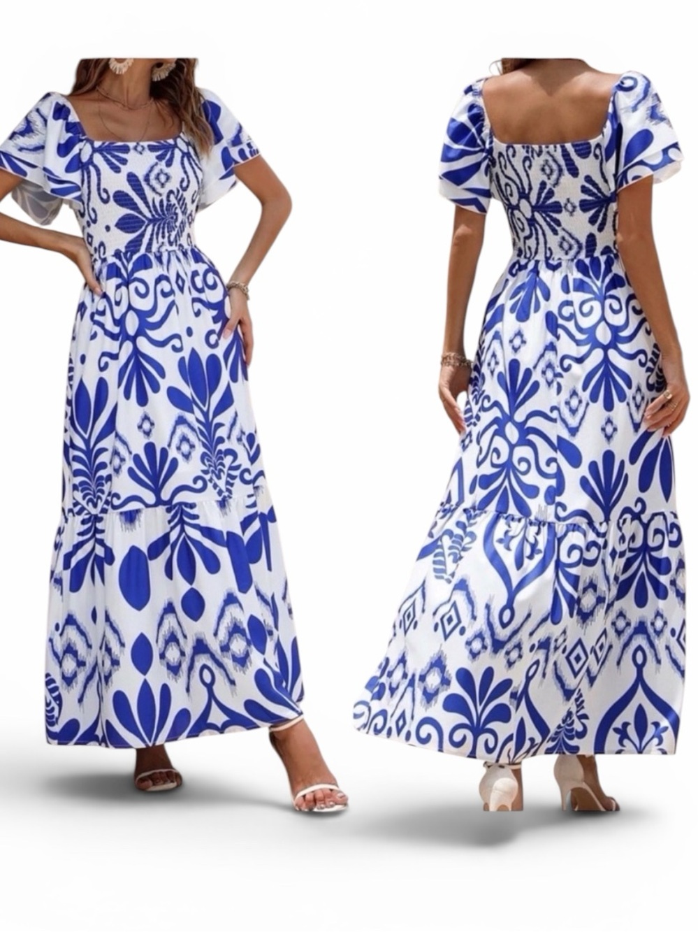 Blue & White Floral Shirred Smocked Butterfly Flutter Sleeve Lined Maxi Dress